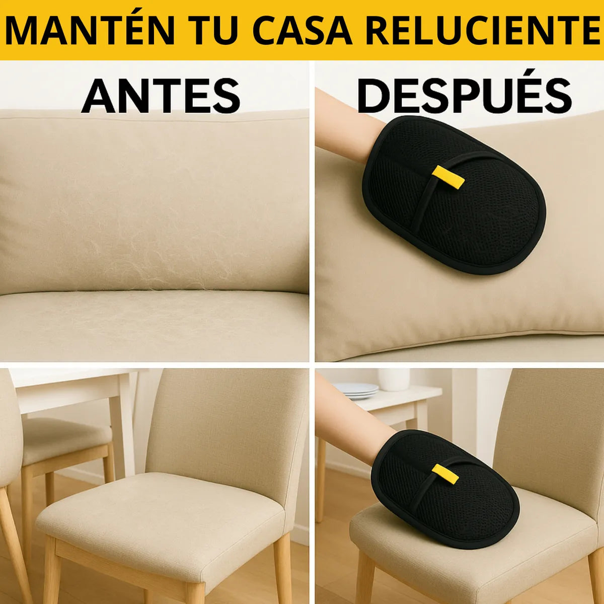 💛Guante Cepillo Quita Pelos o Motas - Limpia fácilmente sofás, ropa y superficies”