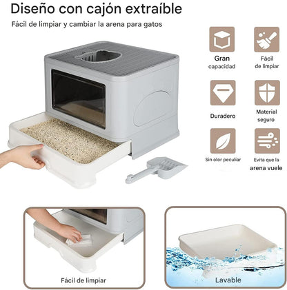 🐈 “Arenero Moderno con Filtro Antiarena y Diseño de Salida Superior — Ideal para Viajes y Hogar”