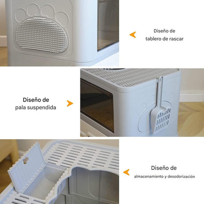 🐈 “Arenero Moderno con Filtro Antiarena y Diseño de Salida Superior — Ideal para Viajes y Hogar”